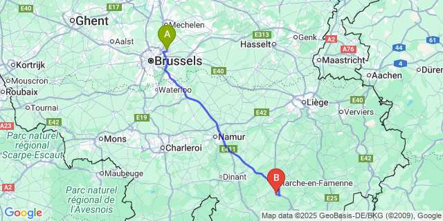 Map: Brussels Zaventem Airport (BRU) to Harsin