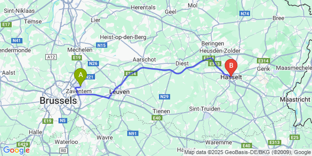 Map: Brussels Zaventem Airport (BRU) to Hasselt