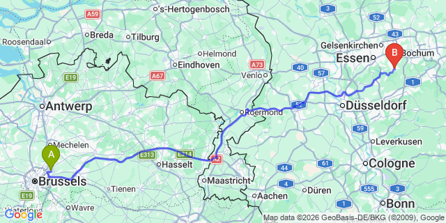 Map: Brussels Zaventem Airport (BRU) to Hattingen