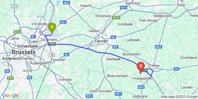 Map: Brussels Zaventem Airport (BRU) to Hauthem