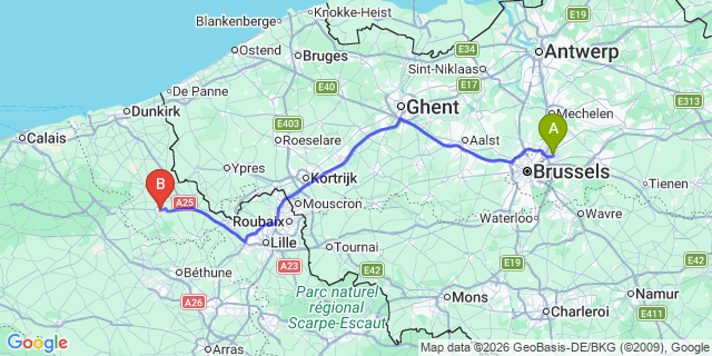 Map: Brussels Zaventem Airport (BRU) to Hazebrouck