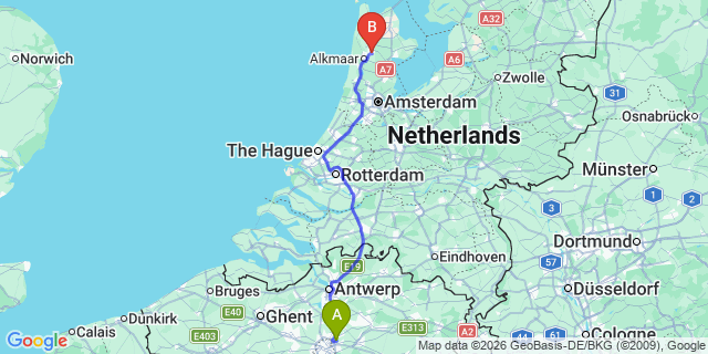 Map: Brussels Zaventem Airport (BRU) to Heerhugowaard