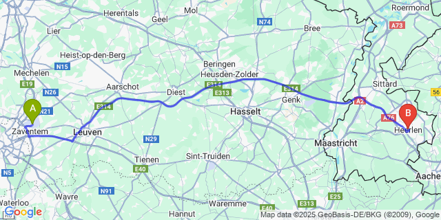 Map: Brussels Zaventem Airport (BRU) to Heerlen