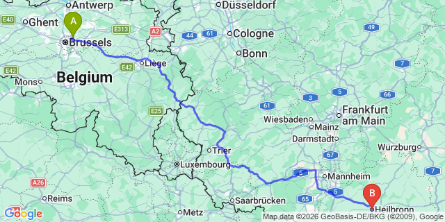 Map: Brussels Zaventem Airport (BRU) to Heilbronn