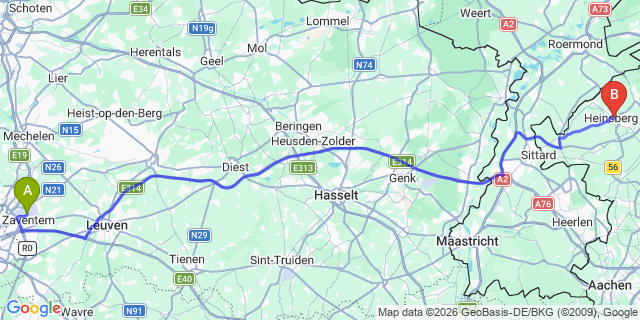 Map: Brussels Zaventem Airport (BRU) to Heinsberg