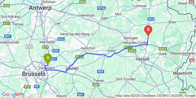 Map: Brussels Zaventem Airport (BRU) to Helchteren