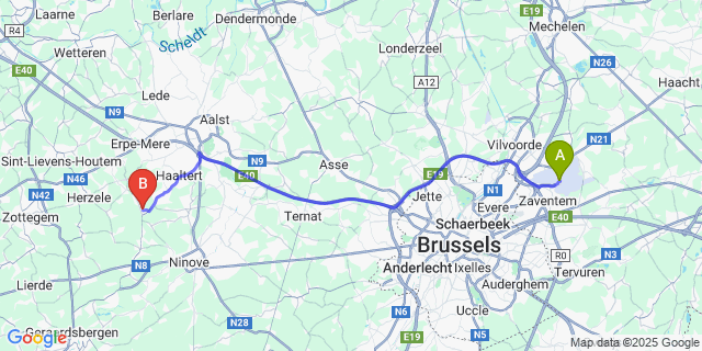 Map: Brussels Zaventem Airport (BRU) to Heldergem