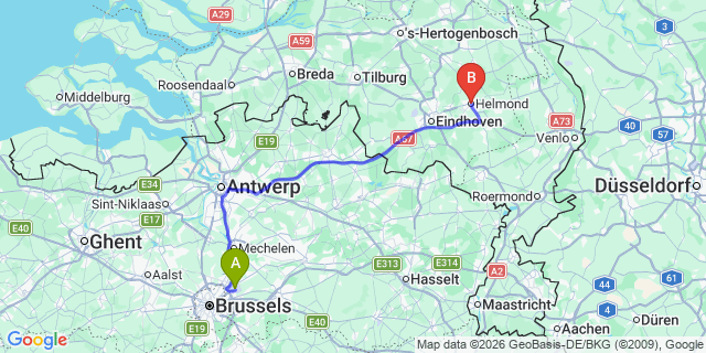 Map: Brussels Zaventem Airport (BRU) to Helmond