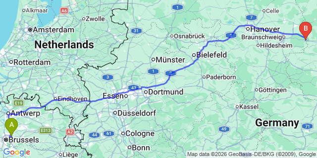 Map: Brussels Zaventem Airport (BRU) to Helmstedt