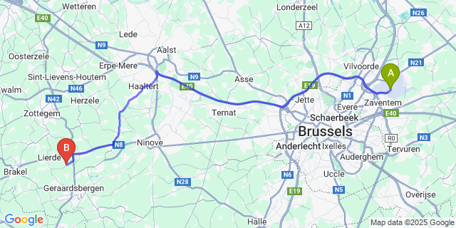 Map: Brussels Zaventem Airport (BRU) to Hemelveerdegem