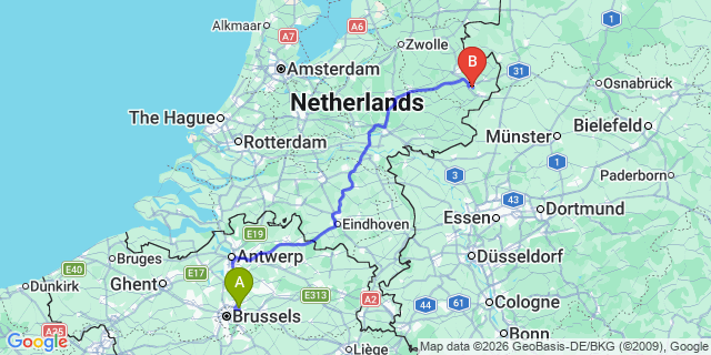 Map: Brussels Zaventem Airport (BRU) to Hengelo