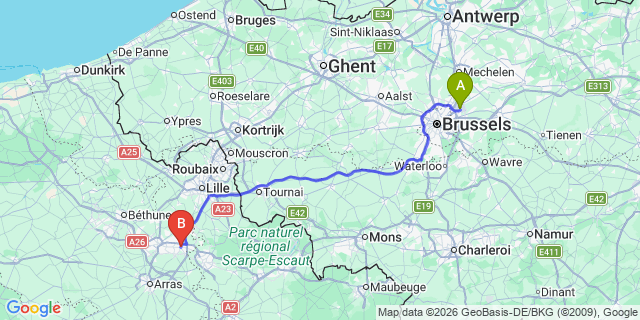 Map: Brussels Zaventem Airport (BRU) to Hénin-Beaumont