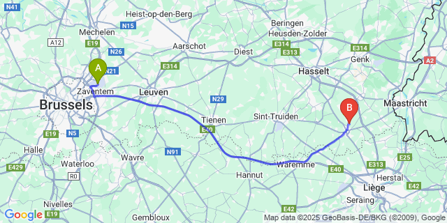 Map: Brussels Zaventem Airport (BRU) to Henis