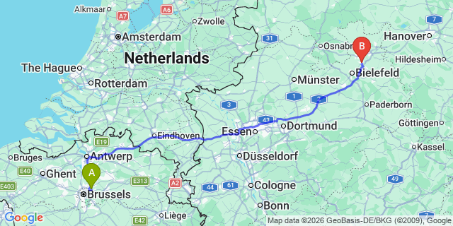 Map: Brussels Zaventem Airport (BRU) to Herford
