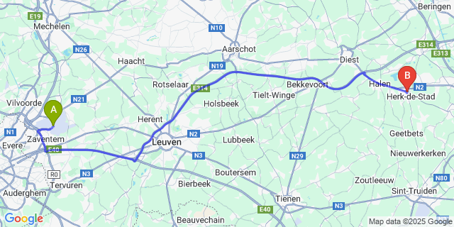 Map: Herk-de-Stad to Brussels Zaventem Airport (BRU)