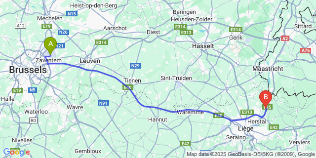 Map: Brussels Zaventem Airport (BRU) to Hermalle-Sous-Argenteau