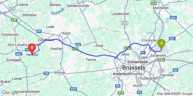 Map: Brussels Zaventem Airport (BRU) to Herzele