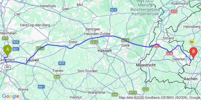 Map: Brussels Zaventem Airport (BRU) to Herzogenrath