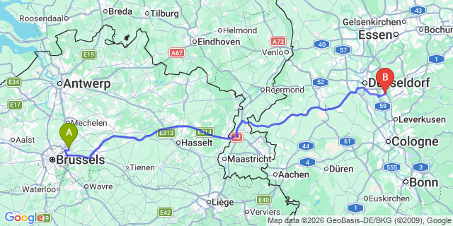 Map: Brussels Zaventem Airport (BRU) to Hilden