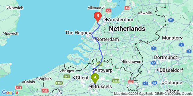 Map: Brussels Zaventem Airport (BRU) to Hillegom