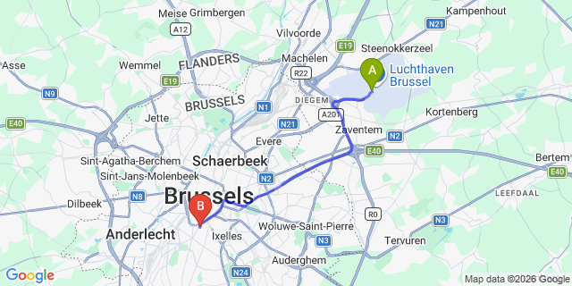 Map: Brussels Zaventem Airport (BRU) to Hilton Garden Inn Brussels City Centre
