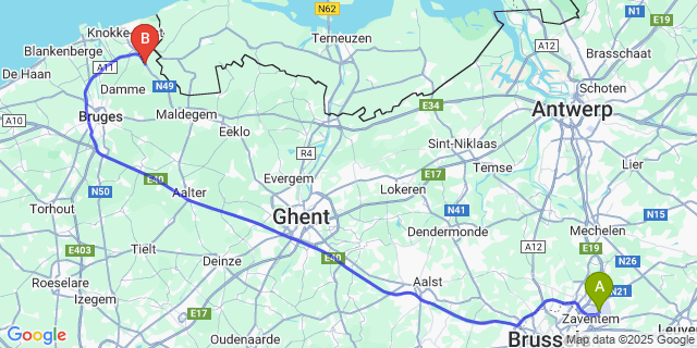 Map: Brussels Zaventem Airport (BRU) to Hoeke