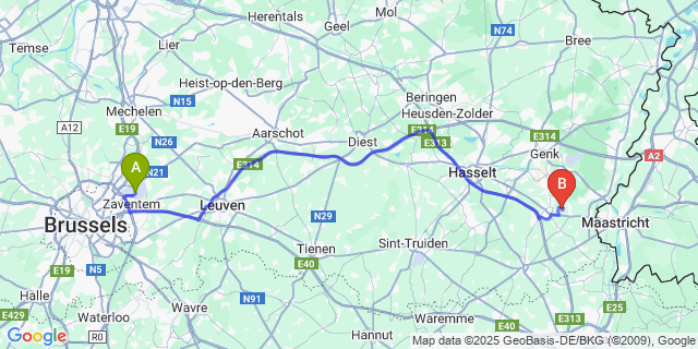 Map: Brussels Zaventem Airport (BRU) to Hoelbeek