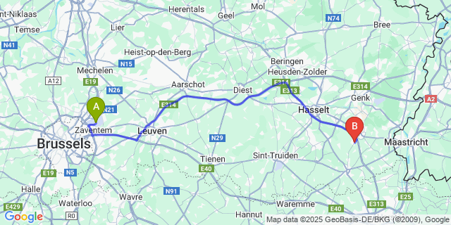 Map: Brussels Zaventem Airport (BRU) to Hoeselt
