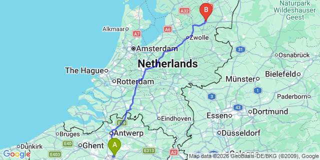 Map: Brussels Zaventem Airport (BRU) to Hoogeveen