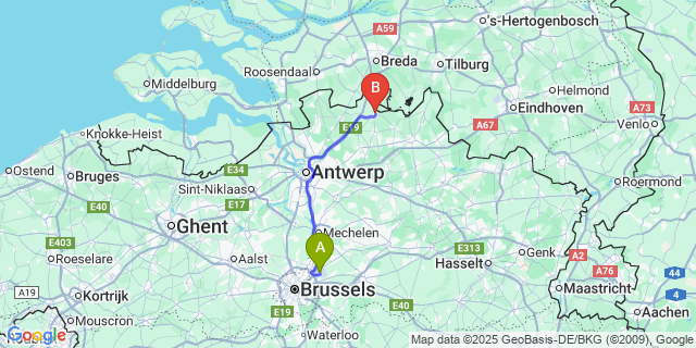 Map: Brussels Zaventem Airport (BRU) to Hoogstraten
