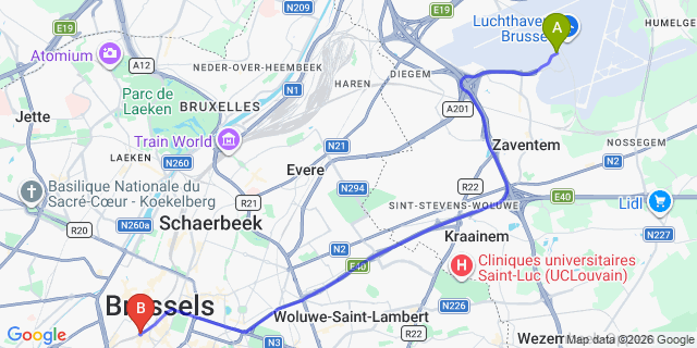 Map: Brussels Zaventem Airport (BRU) to Hostel Bruegel, Brussels
