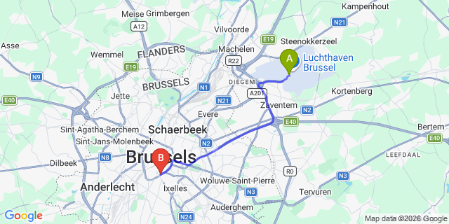 Map: Brussels Zaventem Airport (BRU) to Hostel Louise, Brussels