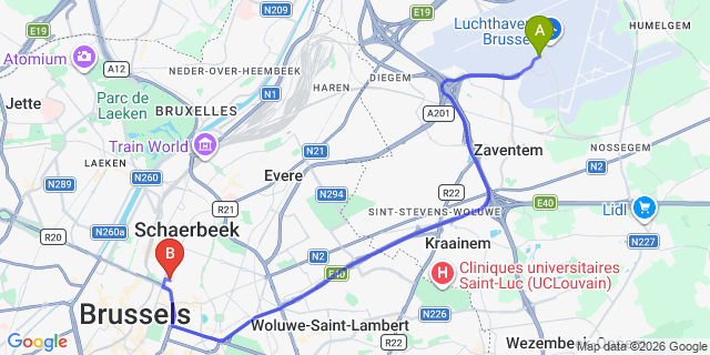 Map: Brussels Zaventem Airport (BRU) to Hostel Van Gogh, Brussels