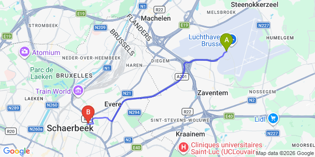 Map: Brussels Zaventem Airport (BRU) to Hotel 322 Lambermont, Brussels