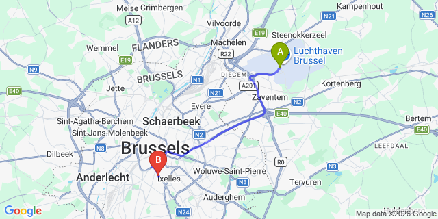 Map: Brussels Zaventem Airport (BRU) to Hotel Agenda Louise, Brussels