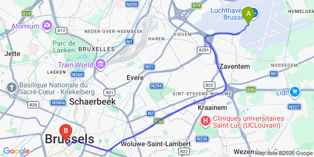 Map: Brussels Zaventem Airport (BRU) to Hotel Agora Brussels Grand Place