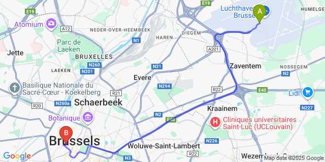 Map: Brussels Zaventem Airport (BRU) to Hotel Amigo, Brussels