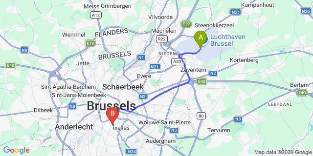 Map: Brussels Zaventem Airport (BRU) to Hotel Avenue Louise Brussels Trademark Collection by Wyndham