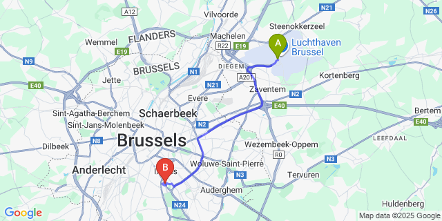 Map: Brussels Zaventem Airport (BRU) to Hotel Barsey by Warwick, Brussels