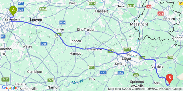 Map: Brussels Zaventem Airport (BRU) to Hotel Beau Site, Brussels
