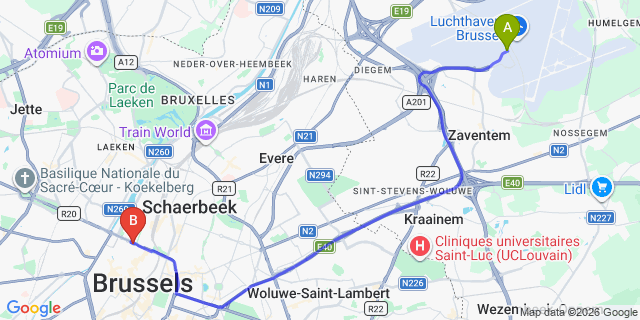 Map: Brussels Zaventem Airport (BRU) to Hotel Belmont, Brussels
