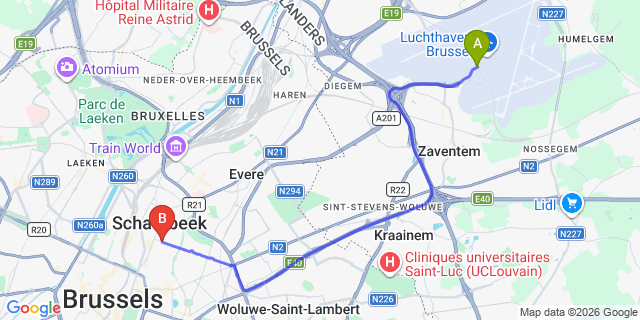 Map: Brussels Zaventem Airport (BRU) to Hotel Bentley, Brussels