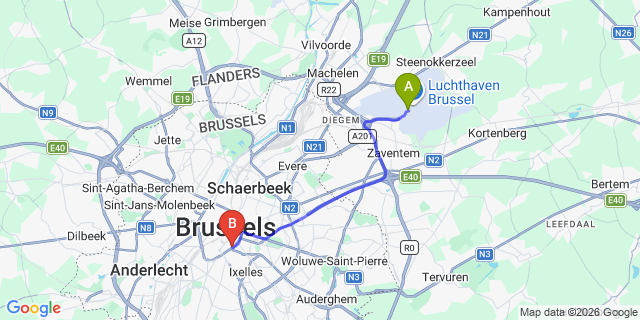 Map: Brussels Zaventem Airport (BRU) to Hotel Chambord, Brussels