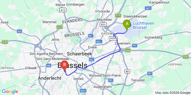 Map: Brussels Zaventem Airport (BRU) to Hôtel Concorde, Brussels