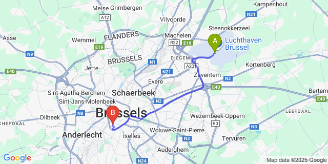 Map: Brussels Zaventem Airport (BRU) to Hotel Galia, Brussels