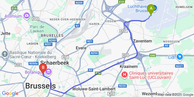 Map: Brussels Zaventem Airport (BRU) to Hotel Indigo Brussels - City, an IHG Hotel