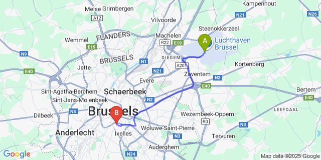 Map: Brussels Zaventem Airport (BRU) to Hotel Le Berger, Brussels