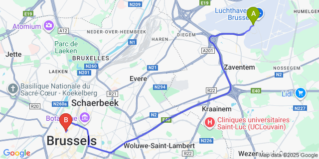 Map: Brussels Zaventem Airport (BRU) to Hotel Metropole Brussels