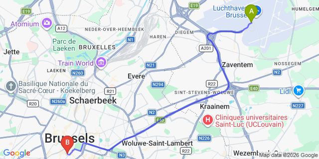Map: Brussels Zaventem Airport (BRU) to Hotel NH Collection Brussels Grand Sablon