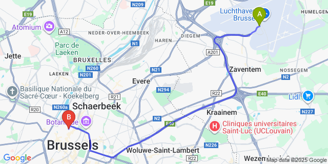 Map: Brussels Zaventem Airport (BRU) to Hotel Queen Anne, Brussels